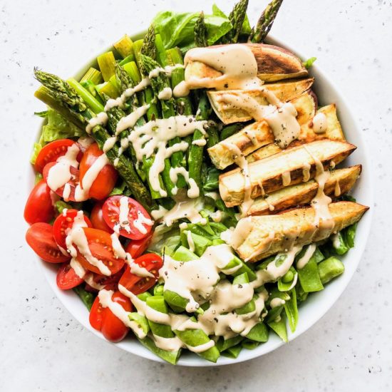 Roasted Japanese Yam and Asparagus Salad with Tahini Dressing | Living Well With Nic