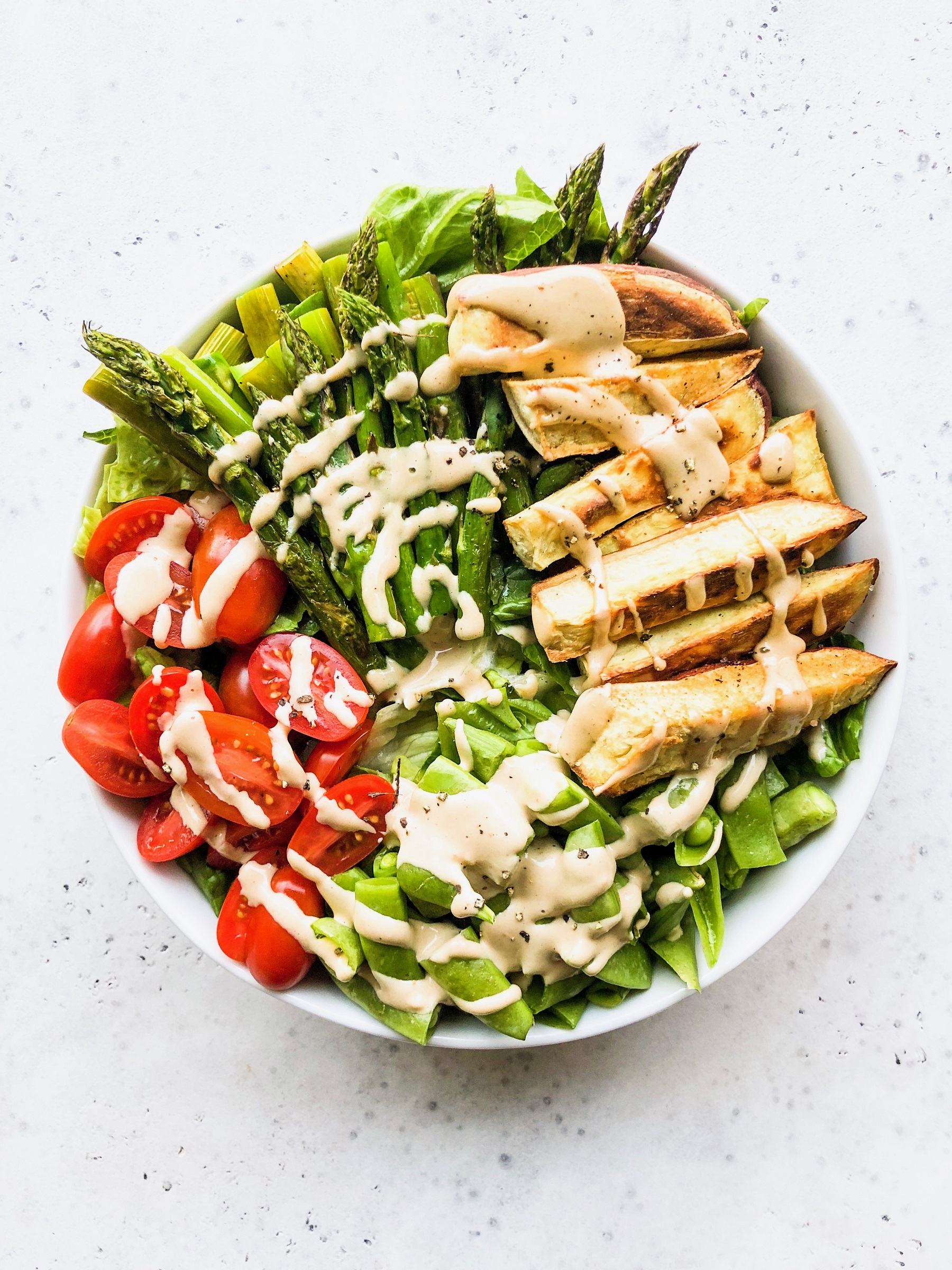 Roasted Japanese Yam and Asparagus Salad with Tahini Dressing | Living Well With Nic